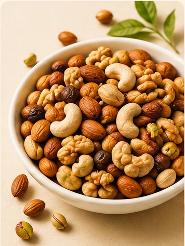 A ceramic bowl generously filled with mixed nuts — almonds, cashews, walnuts and pistachios