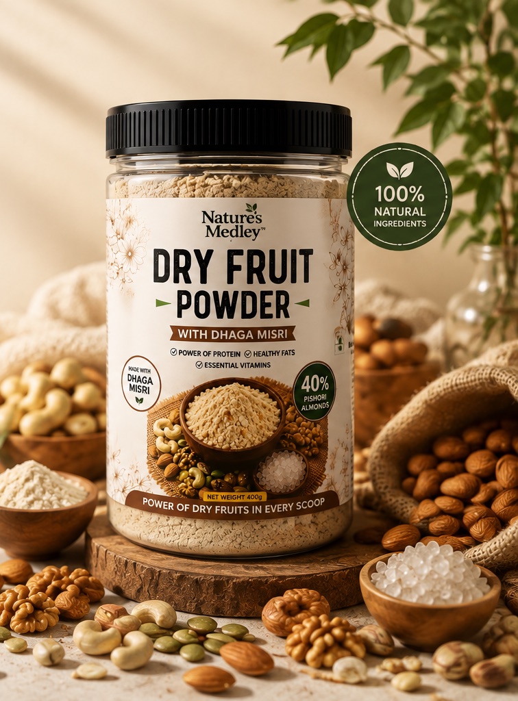 Nature's Medley Dry Fruit Powder jar surrounded by dry fruits, seeds and bowls of powder