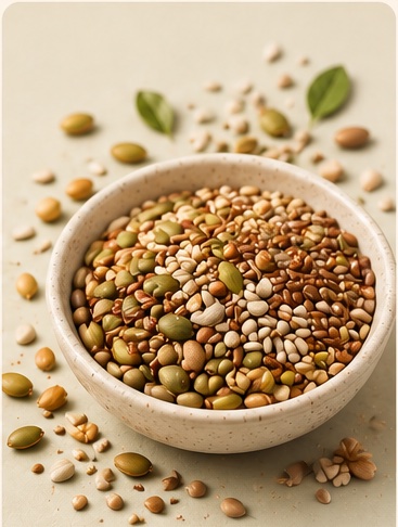 A speckled ceramic bowl of small mixed seeds — pumpkin, sunflower, flax and sesame