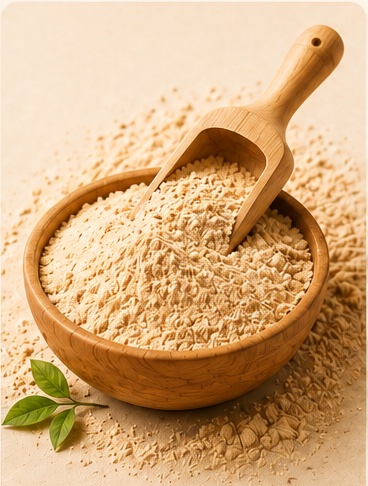 Natural powder heaped in a wooden bowl with a wooden scoop and scattered powder