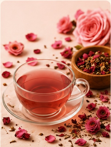 A glass cup of rose herbal tea with fresh roses, scattered petals and a bowl of dried botanicals